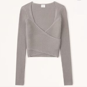 Abercrombie & Fitch Ribbed Wrap-Front Sweater in Light Gray